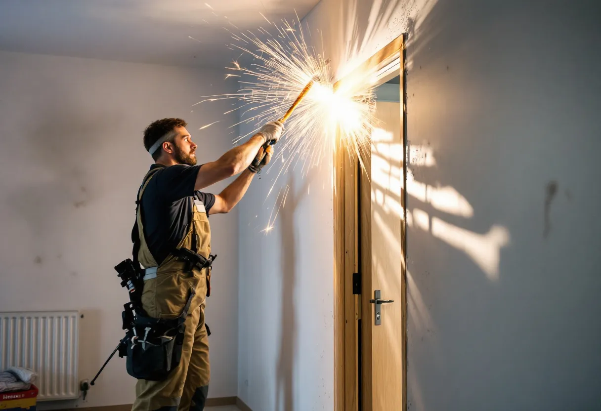 Een professionele stukadoor in werkbroek en veiligheidsschoenen strijkt met een pleisterspaan een gladde laag stucwerk op een binnenmuur in een lichte, modern ingerichte woonkamer in Lommel. Door het raam valt daglicht op de half afgewerkte muur, terwijl een emmer pleister op een zeil naast hem staat.