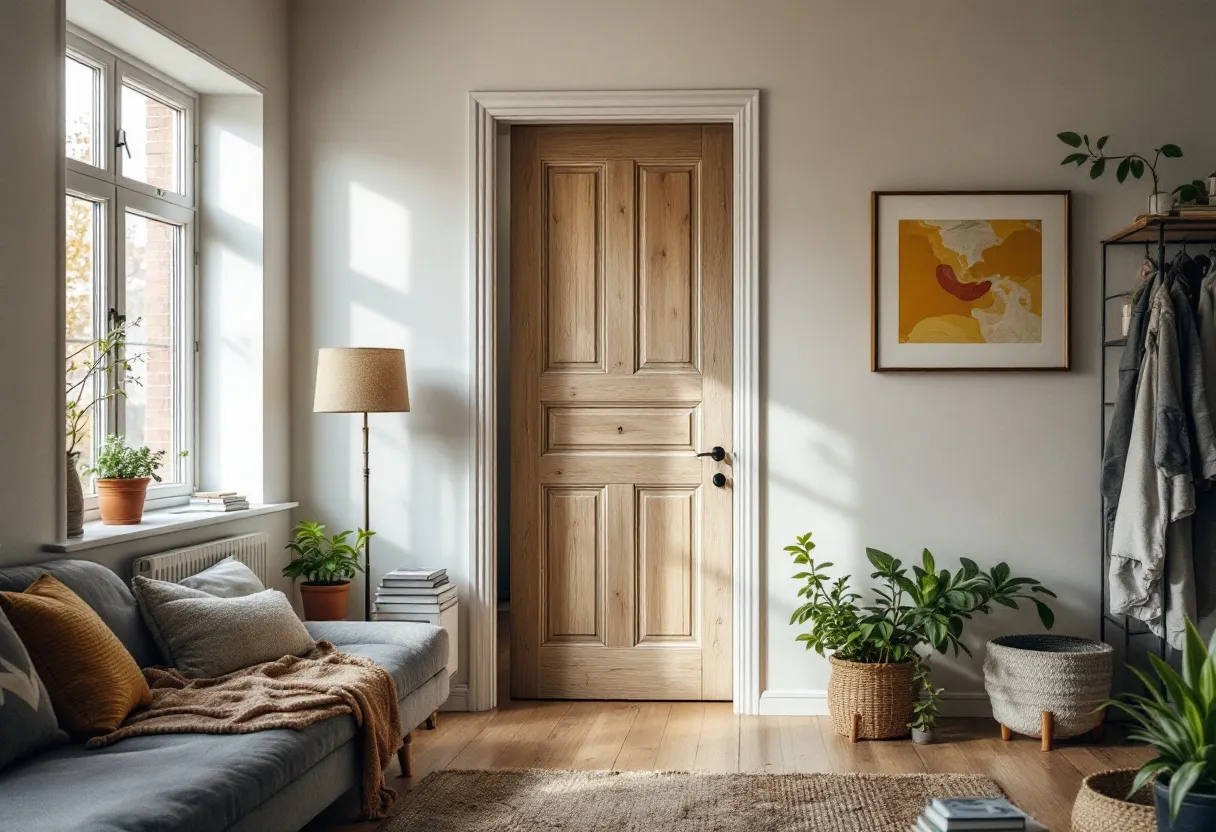 Een ervaren Vlaamse stukadoor heeft net een gladgestreken gipswand afgewerkt in een lichte, moderne woonkamer met eiken parket en grote ramen.