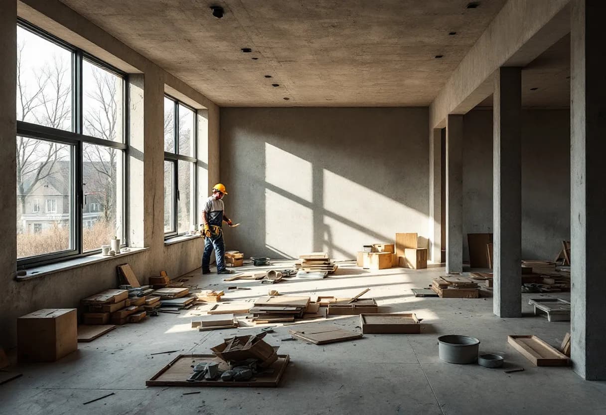 Interieur van een nieuwbouwwoning met strak gestuukte muren en plafonds, zonlicht valt naar binnen door grote ramen, een stukadoor werkt op de achtergrond.