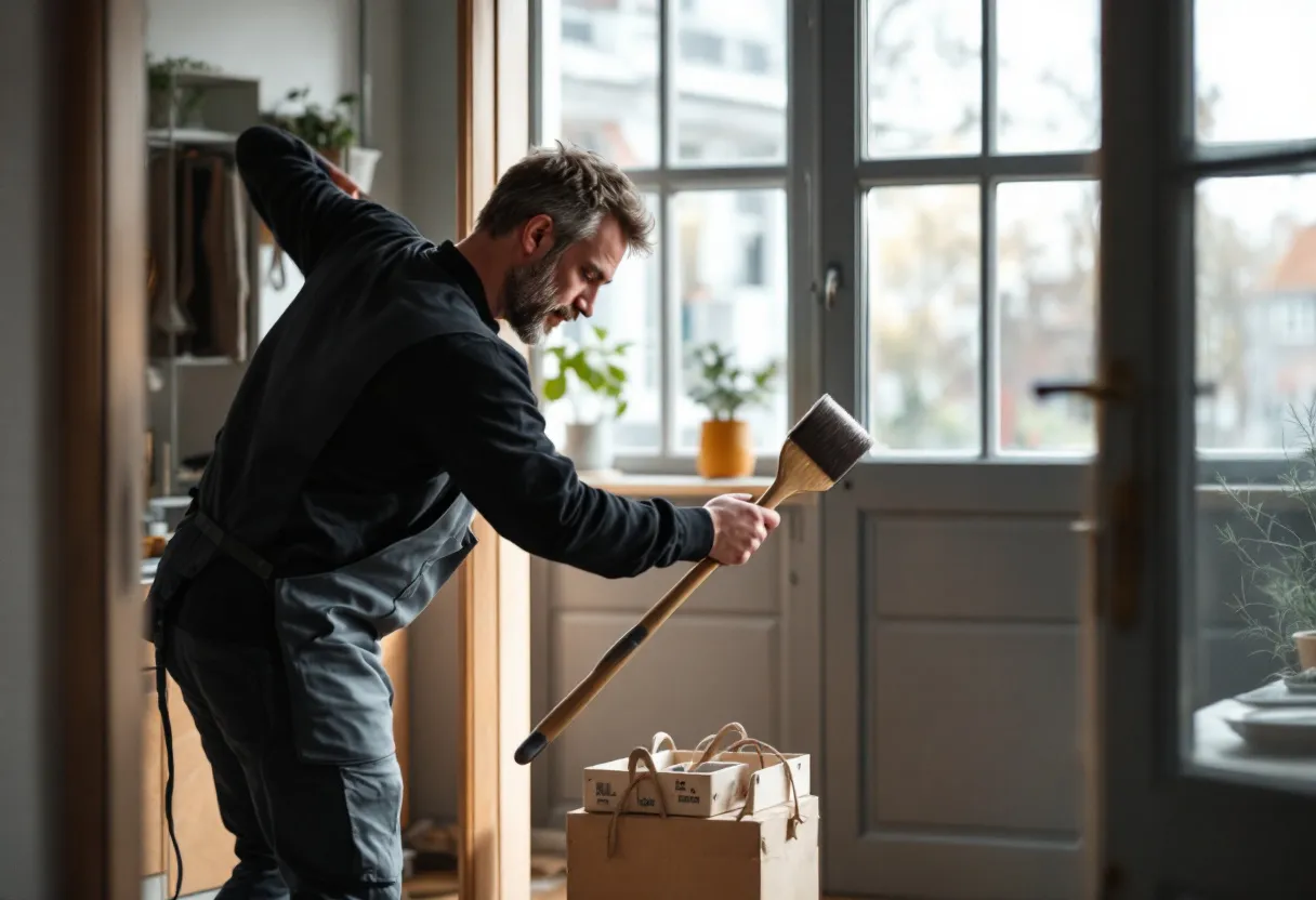 Een professionele stukadoor in Aalst brengt met een spaan pleister aan op een bakstenen binnenmuur van een gerenoveerde woning.