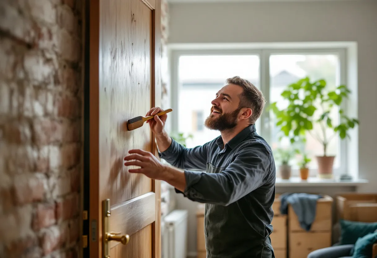 Een professionele stukadoor strijkt met een spaan pleister glad op een bakstenen muur in een lichte, gerenoveerde Vlaamse woonkamer, met gereedschap en een emmer in de buurt.