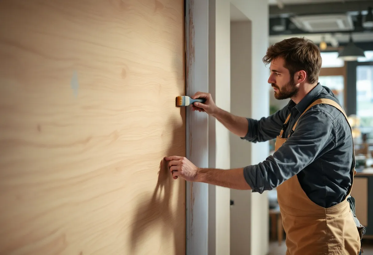 Een professionele stukadoor brengt met een spaan marmerpleister aan op een muur, waarbij de glanzende afwerking zichtbaar wordt in een modern Vlaams interieur.