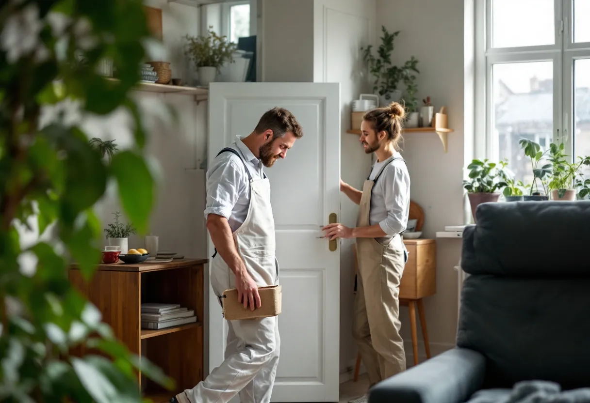 Een ervaren stukadoor in witte overall brengt met een spaan pleister aan op een gladde muur in een lichte, moderne woonkamer in Dendermonde, terwijl stofvrij wordt gewerkt.