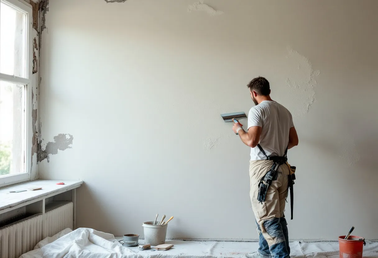 A skilled plasterer in clean work clothes smoothing fresh plaster onto a newly built interior wall of a bright Flemish home, with a trowel in hand and tools neatly arranged on a drop cloth nearby.