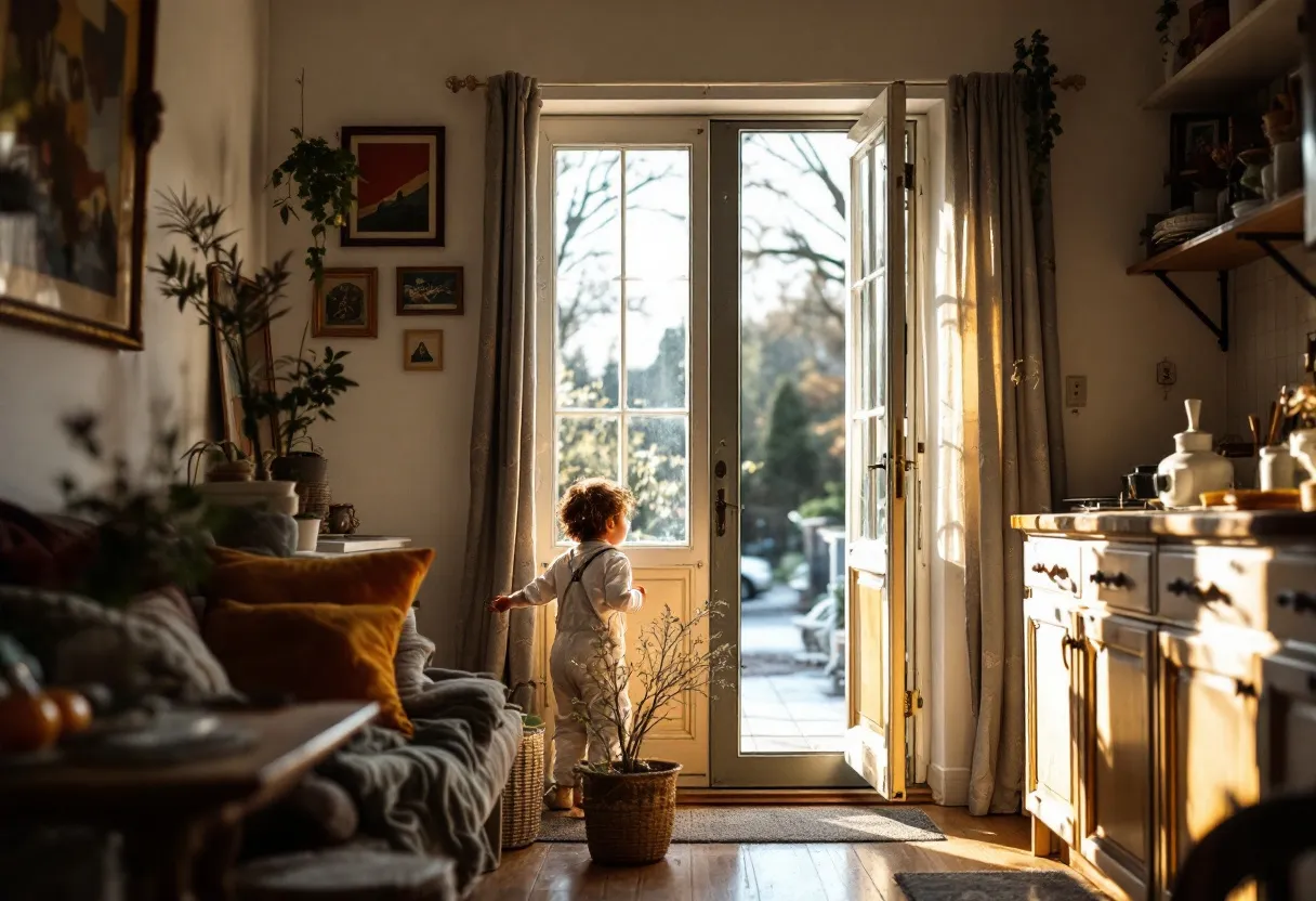 Een ervaren stukadoor in witte overall strijkt met een spaan pleister glad op een binnenmuur van een Vlaamse woonkamer, zonlicht valt naar binnen.